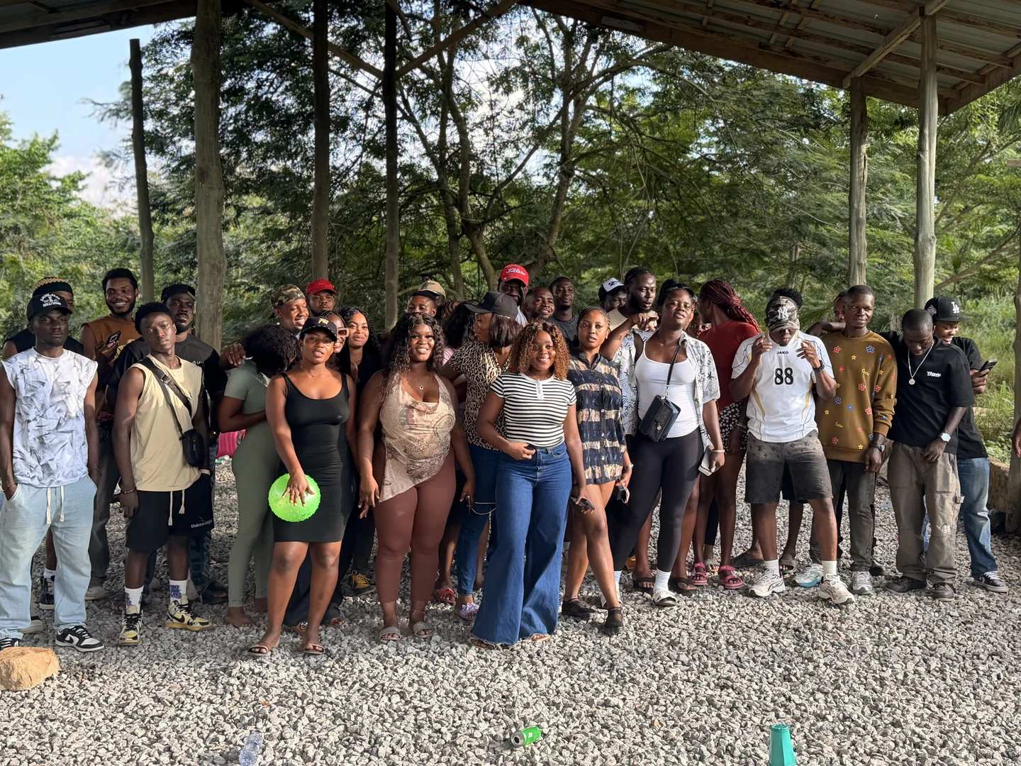 More than 50 travellers together after the Oboadaka Waterfall trip