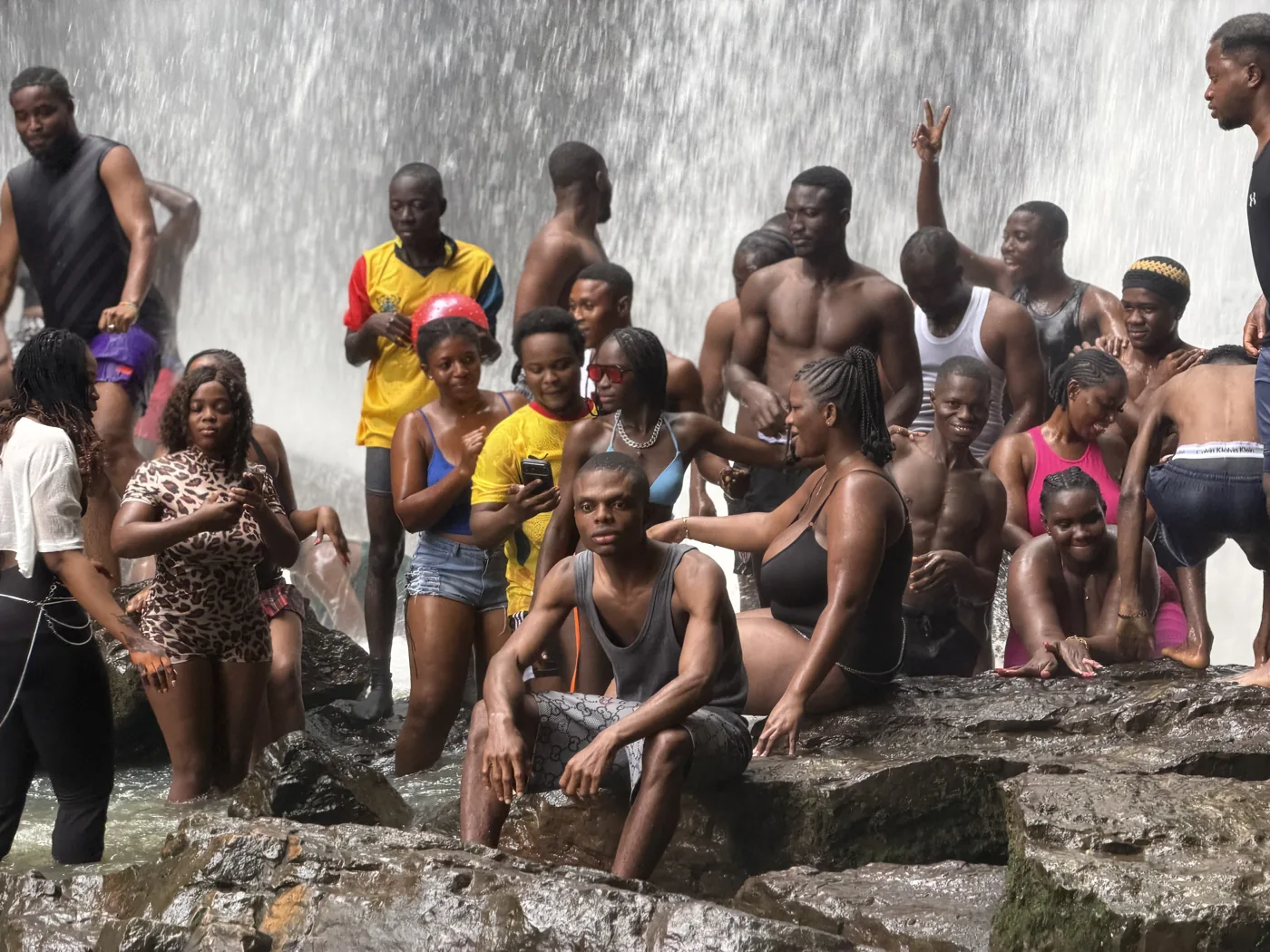 More than 50 Adventures of Life travellers at Oboadaka Waterfall