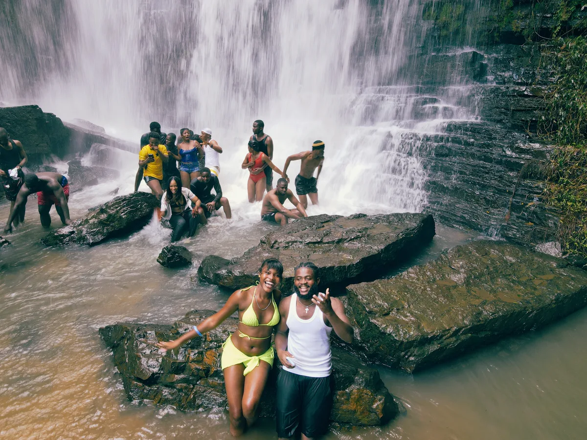 The group enjoying the water at Oboadaka Waterfall